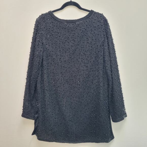 Papell Boutique Evening Black Silk Beaded Tunic Long Sleeve Top Womens Large - Picture 3 of 13